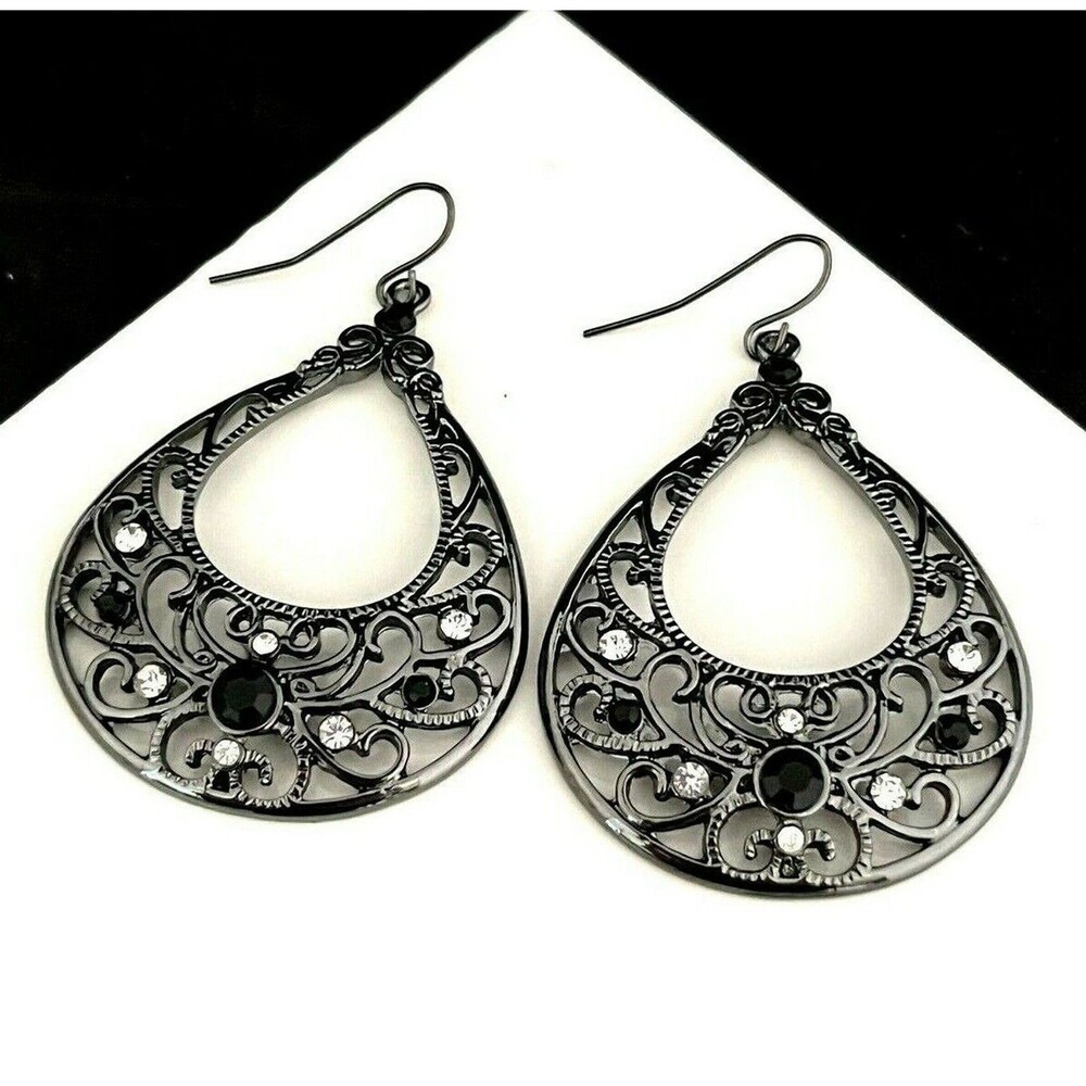 New Statement Earrings Hematite Tone Crystals Dangle - 10G